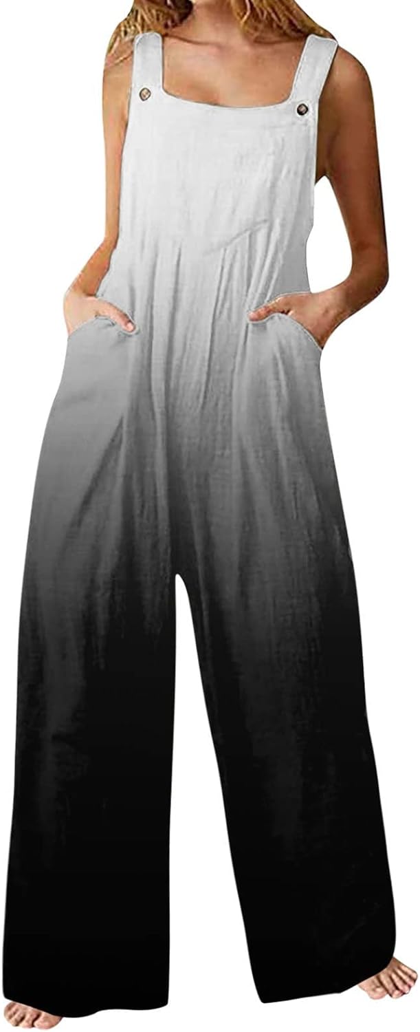 Women’s Casual Jumpsuits Tie Dye Printing Wide Leg Bib Overalls Loose Ruched Button Long Rompers with Pockets