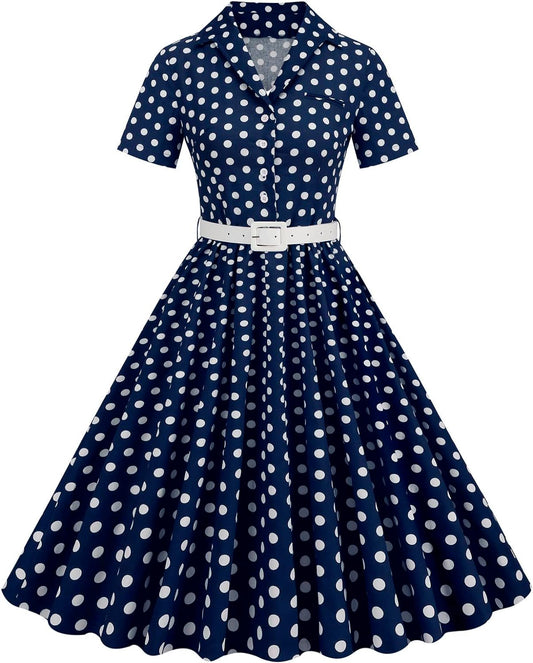 Women's Vintage Polka Dot Dress with Belt Limited_Time_Deal Chic Button V Neck Short Sleeve Party Homecoming Aline Dress
