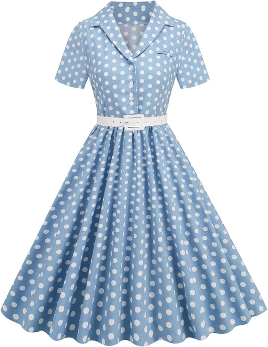 Women's Vintage Polka Dot Dress with Belt Limited_Time_Deal Chic Button V Neck Short Sleeve Party Homecoming Aline Dress