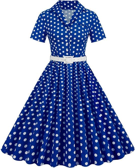 Women's Vintage Polka Dot Dress with Belt Limited_Time_Deal Chic Button V Neck Short Sleeve Party Homecoming Aline Dress