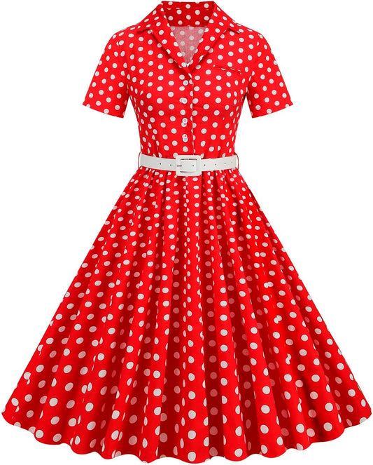 Women's Vintage Polka Dot Dress with Belt Limited_Time_Deal Chic Button V Neck Short Sleeve Party Homecoming Aline Dress