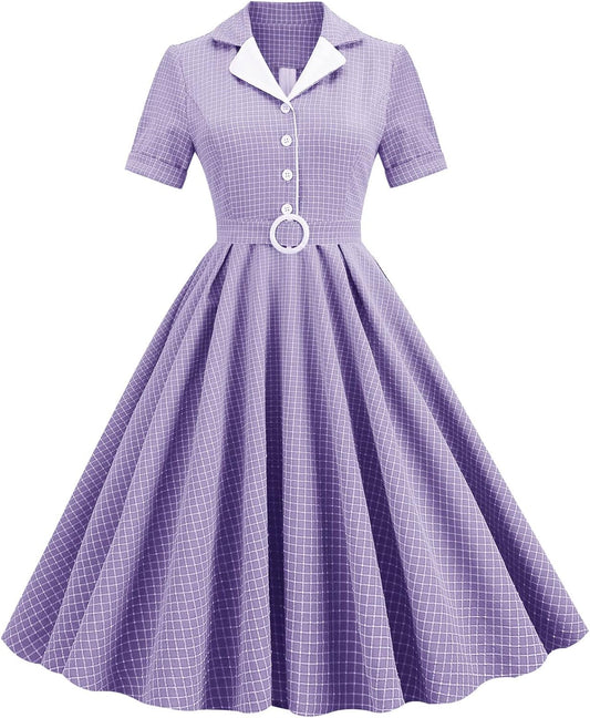 BADHUB Vintage Dress for Women 70s Style Dress Collared Dress Women 1950s Party Swing Dresses Short Sleeve Cocktail Skater Dress