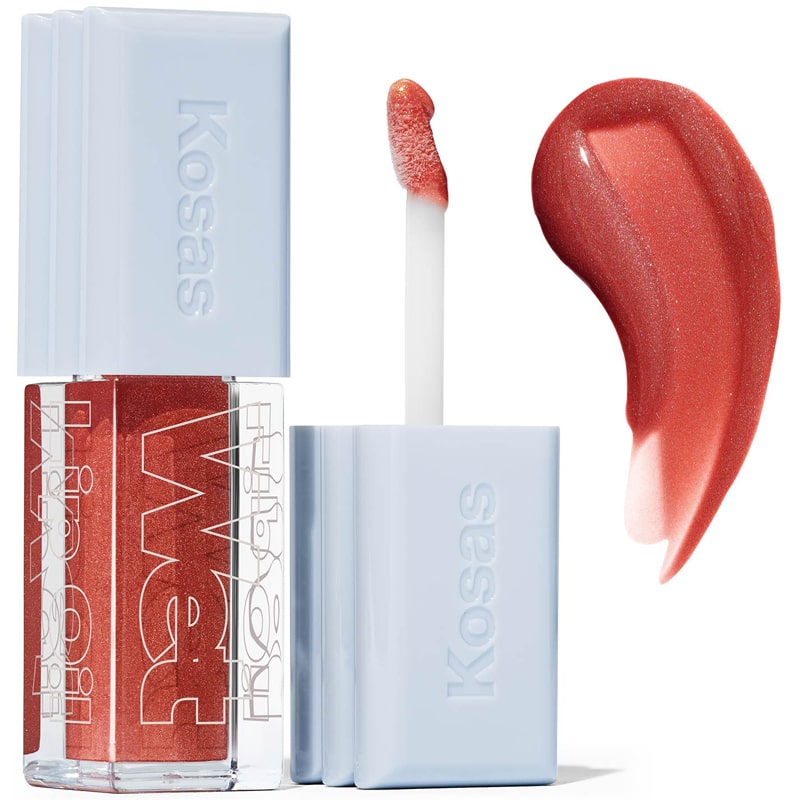 Kosas Cosmetics Wet Lip Oil Gloss - Dip (4.6 ml) showing spreading wand and product swatch