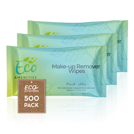 EcoAmenities Individual Makeup Remover Wipes Bulk - Travel Make Up Face Wipes Individually Wrapped for Women - 500 Pack Singles for Face, Eyes, Lips - Gentle & Suitable for all Skin Types