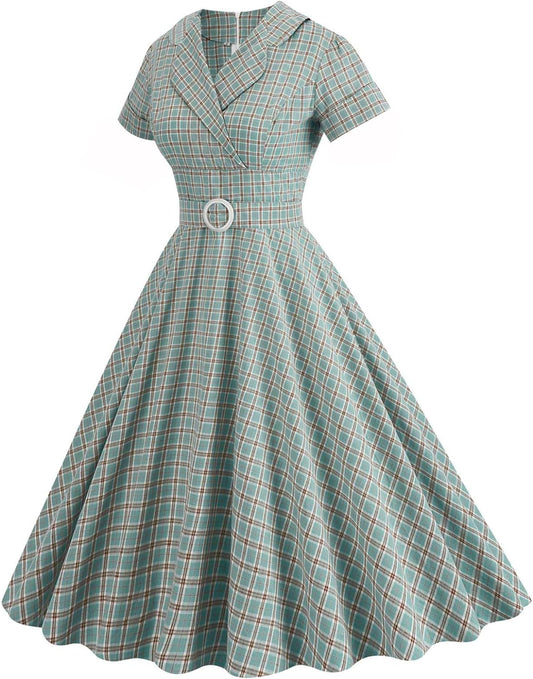Women's Vintage Plaid Dress Short Sleeve Wrap V-Neck A-Line Bridesmaid Cocktail Party Dress Audrey Hepburn Style
