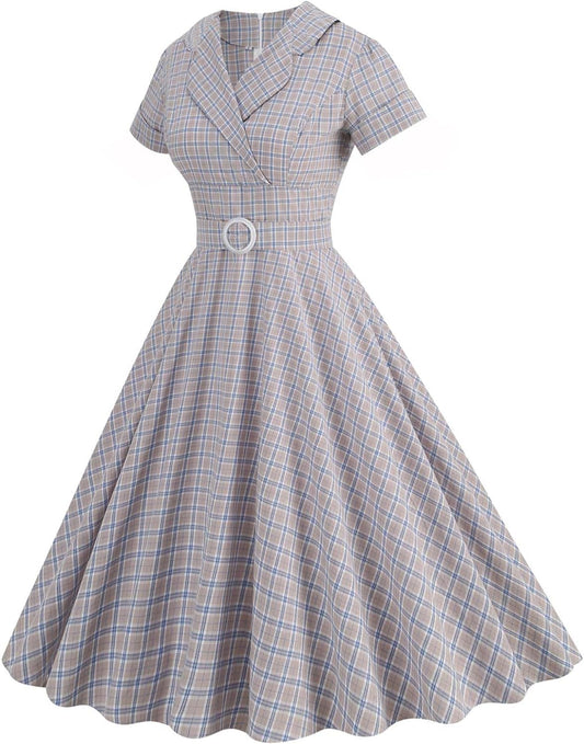 Women's Vintage Plaid Dress Short Sleeve Wrap V-Neck A-Line Bridesmaid Cocktail Party Dress Audrey Hepburn Style
