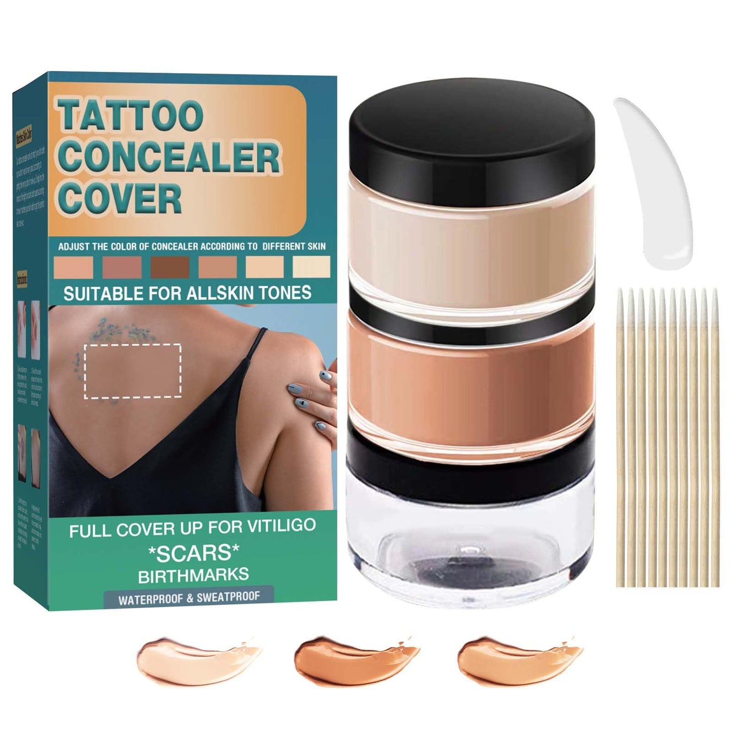 Tattoo Cover Up, 2 Colors Tattoo Cover up Makeup Waterproof, Long Lasting Tattoo Concealer, Invisible Skin Concealer Set for Tattoo, Scars, Vitiligo and Dark Spots