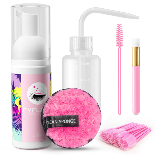 Buqikma Lash Shampoo 60ML Soft Foam Lash Cleaning Kit Eyelash Extension Cleanser,Rinse Bottle,Cleaning Brush,50PCS Mascara Brushes,Makeup Remover Pad,Pink Lash Shampoo Kit Lash Bath for Home Salon Use