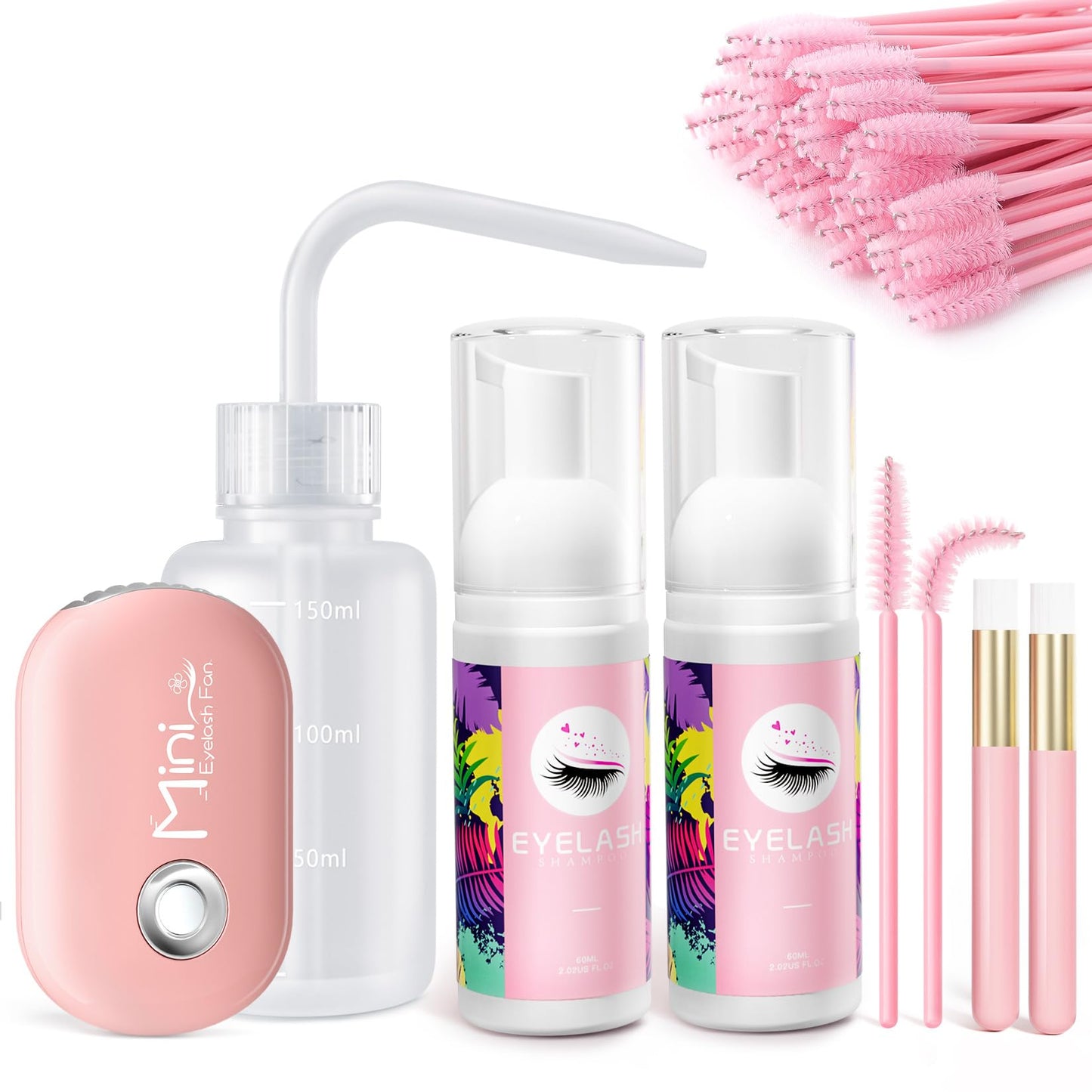 Buqikma Lash Shampoo kit for Eyelash Extensions, 60ml*2 Eyelash Shampoo Lash Cleanser With USB Mini Lash Fan, Mascara Brush,Wash Bottles Lash Cleaning Kit for Eye Makeup Remover Salon Home