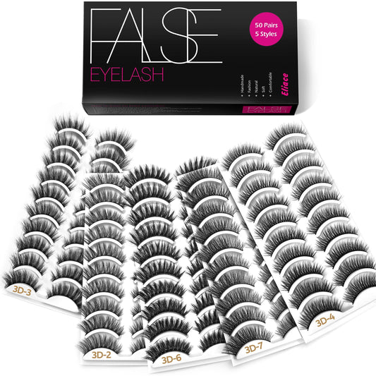 Eliace Eyelashes, 50 Pairs 5 Styles lux Faux Mink Lashes Natural Look Wispy Fluffy Handmade Cat False Eyelashes Set,Comfortable & Light weight Lash Strips,Makeup Professional Fake Eyelashes Pack